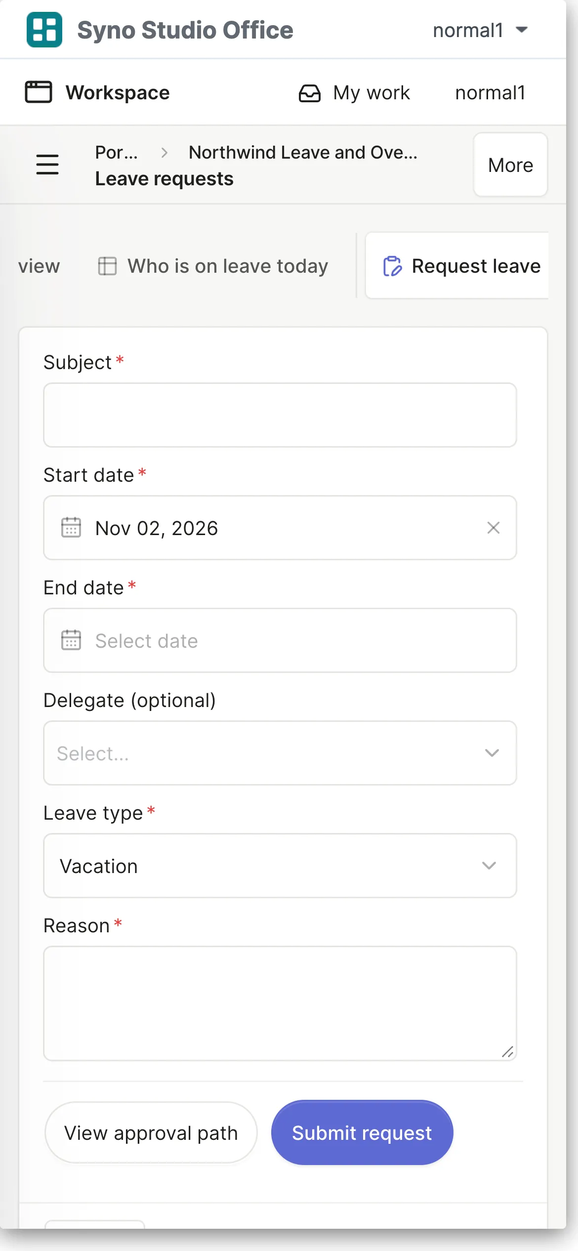 Leave request form half filled in on a phone