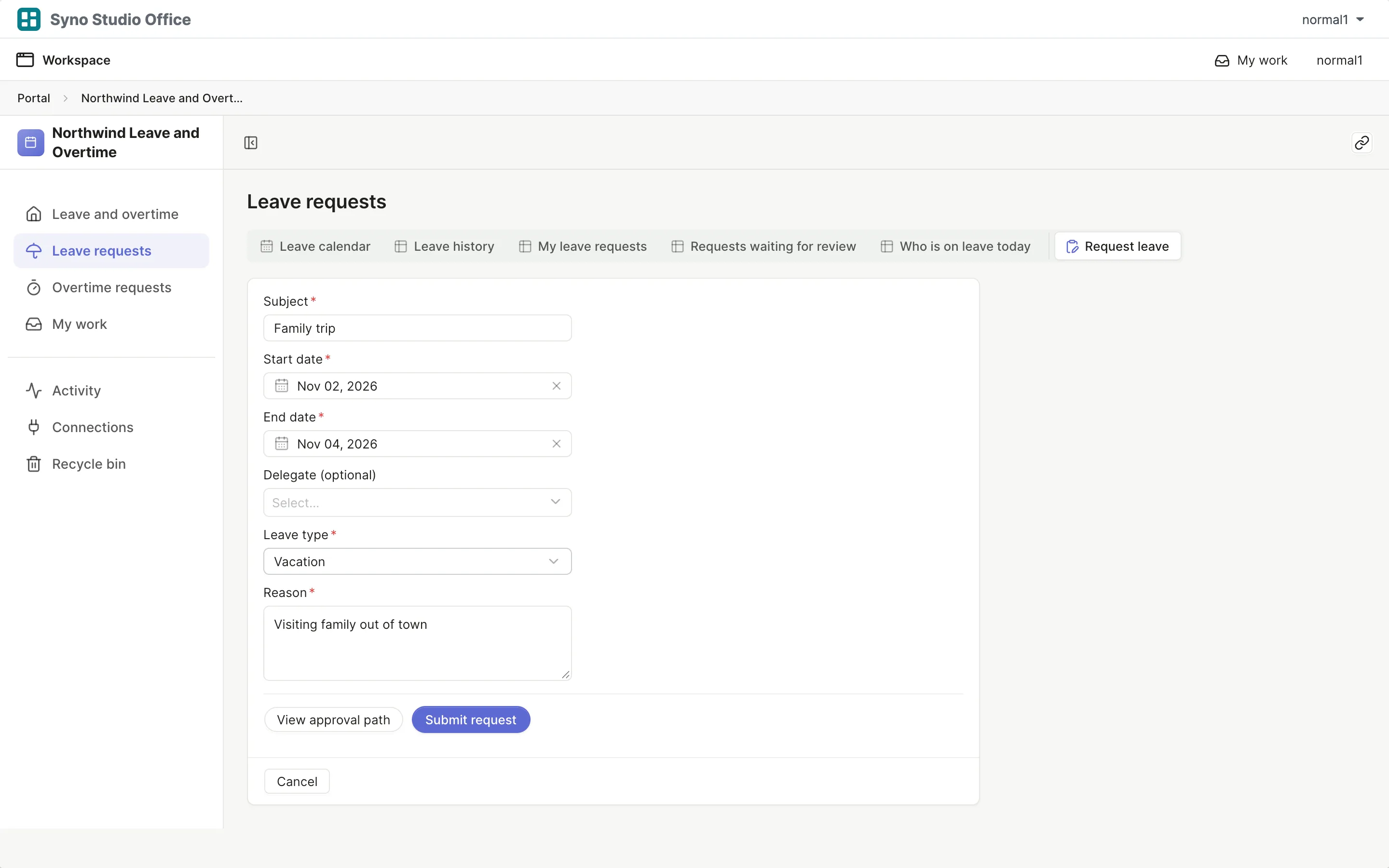Leave request form ready to send