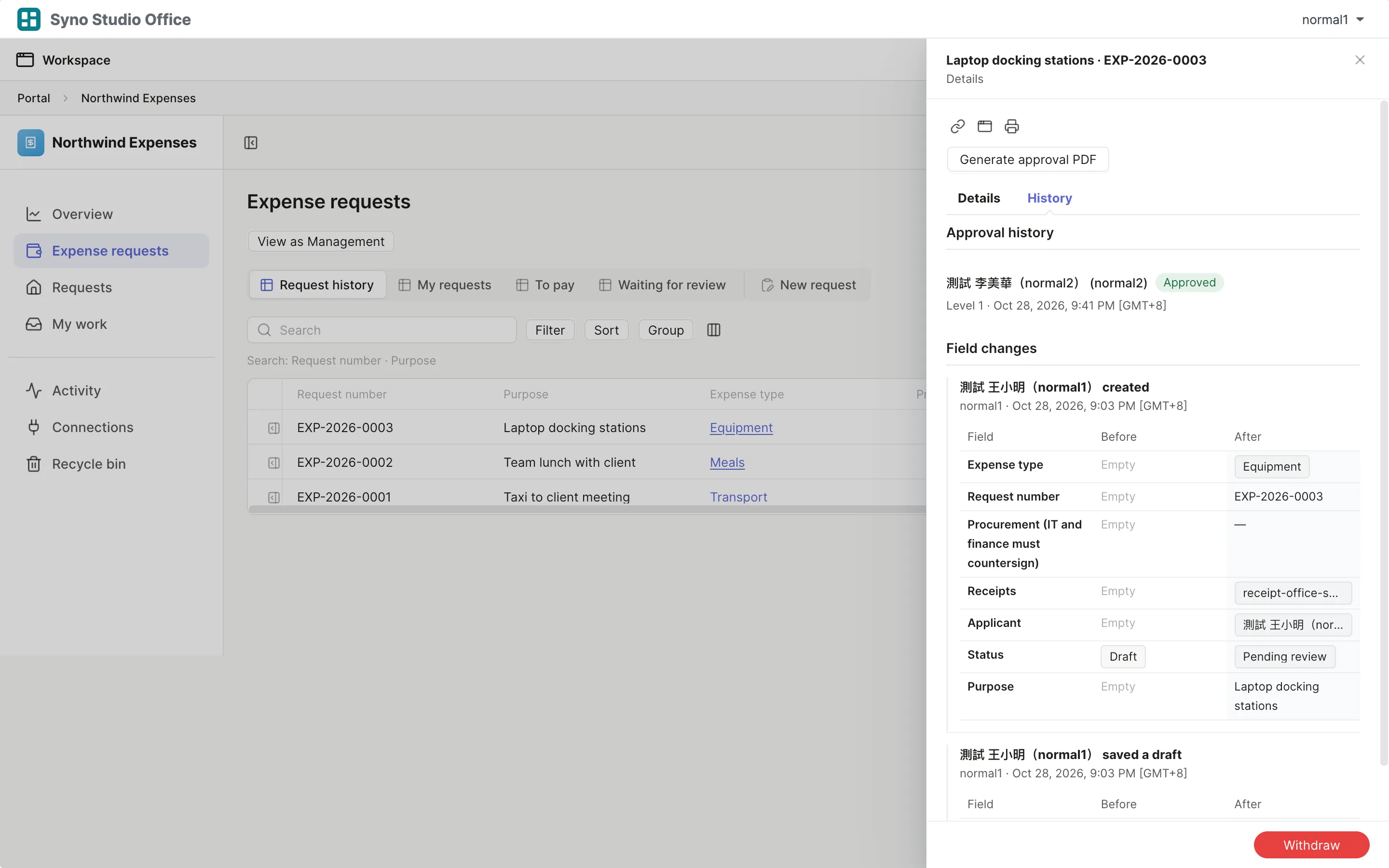 Expense request history with the first approval level approved and the request pending review