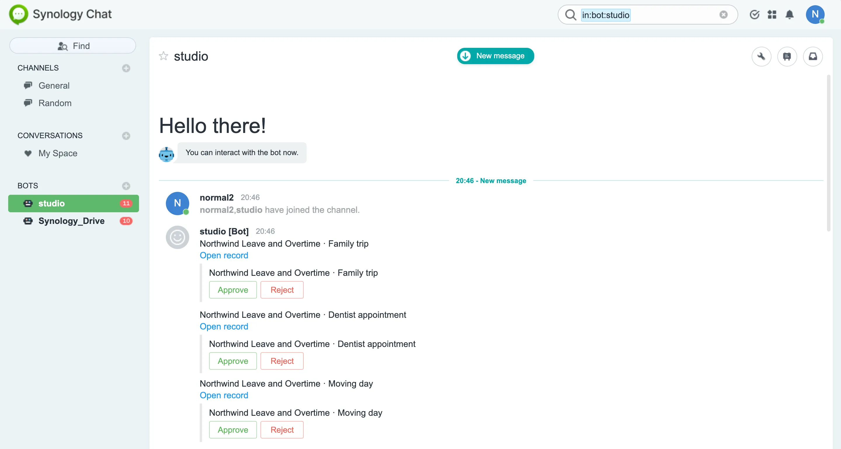Approval card for a leave request in Synology Chat
