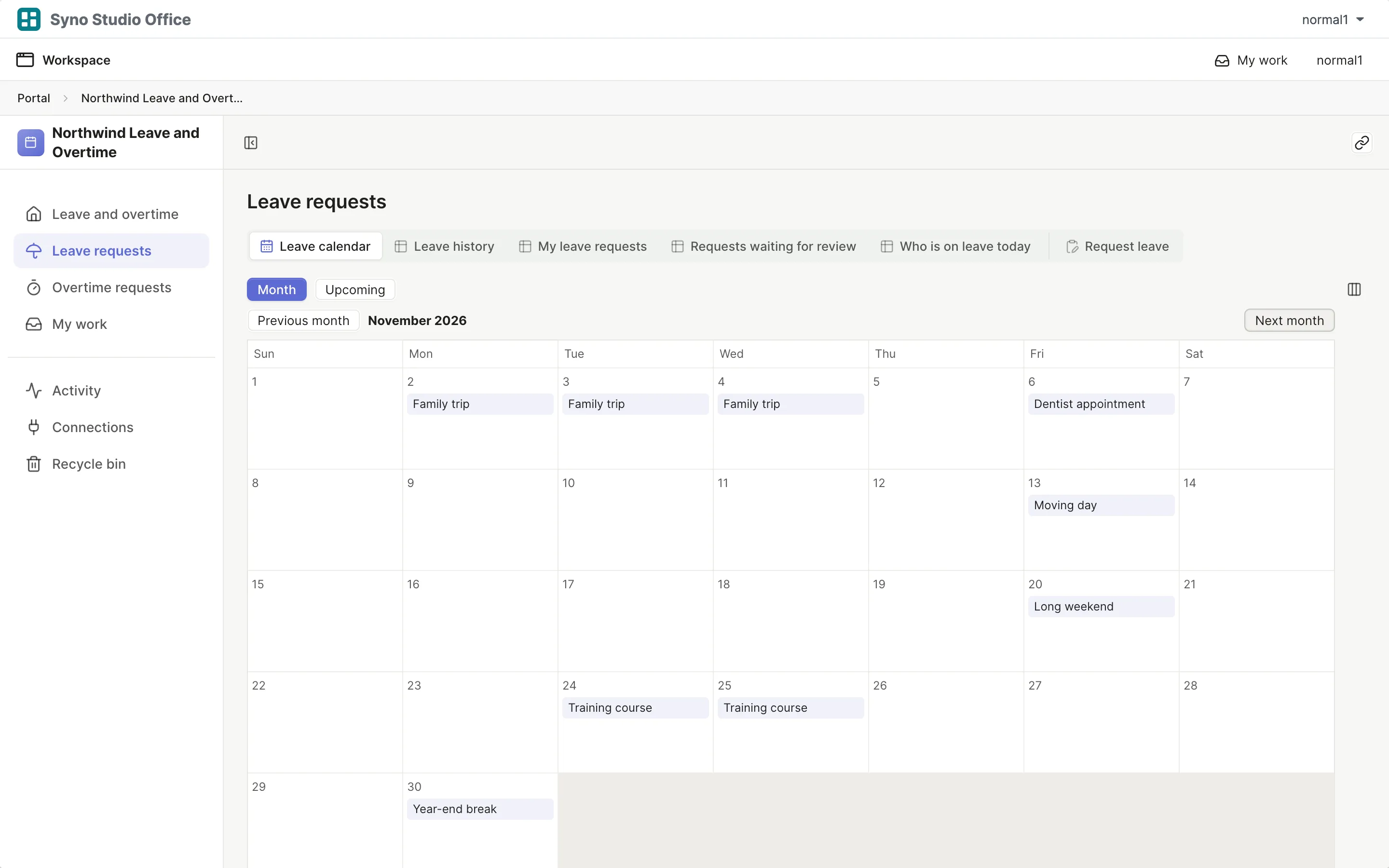 Leave calendar with approved leave for the month