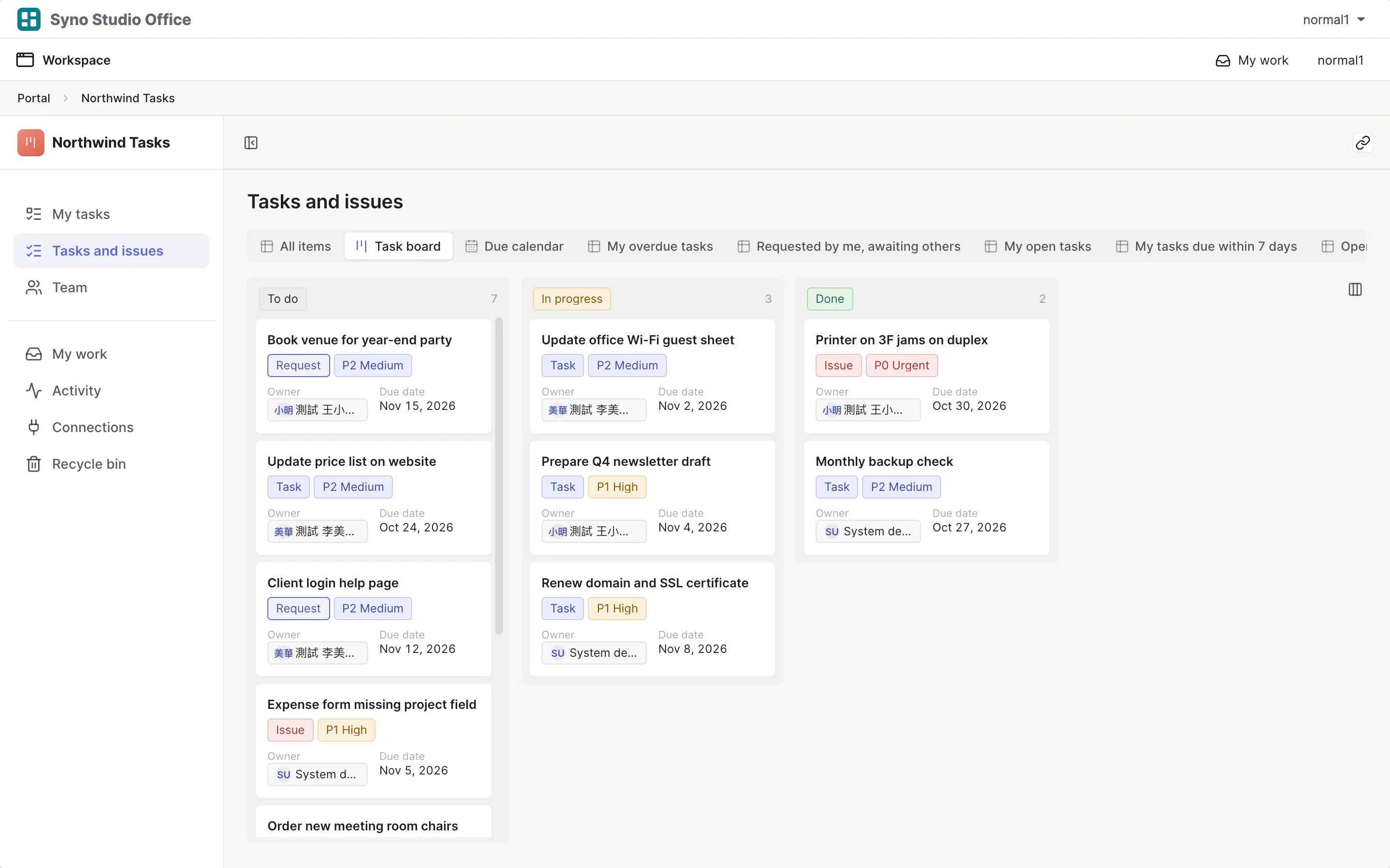Task board grouped by status