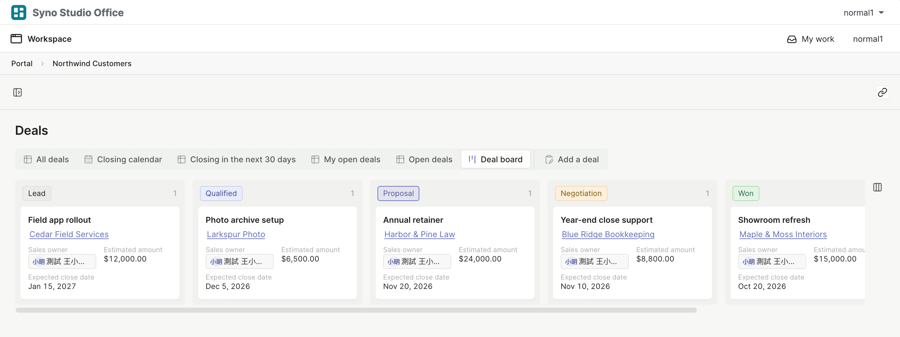Deals board by stage, from lead to won