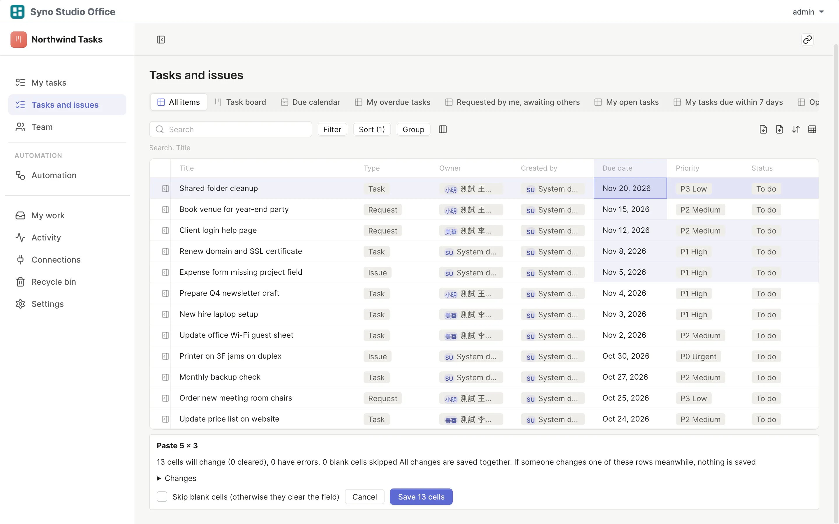 Preview of cells pasted from a spreadsheet into a task list, ready to save