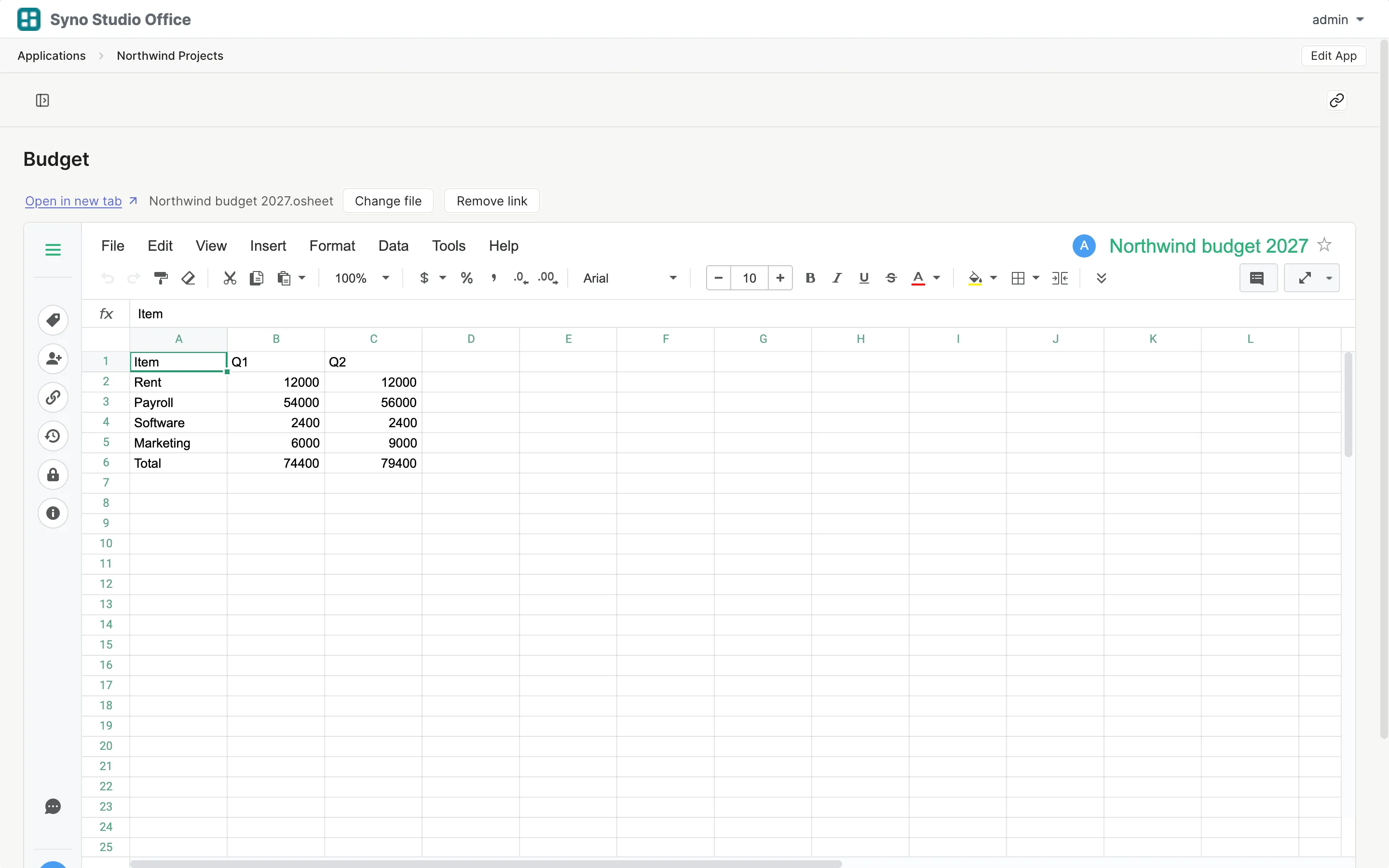 Synology Office spreadsheet shown inside an app page