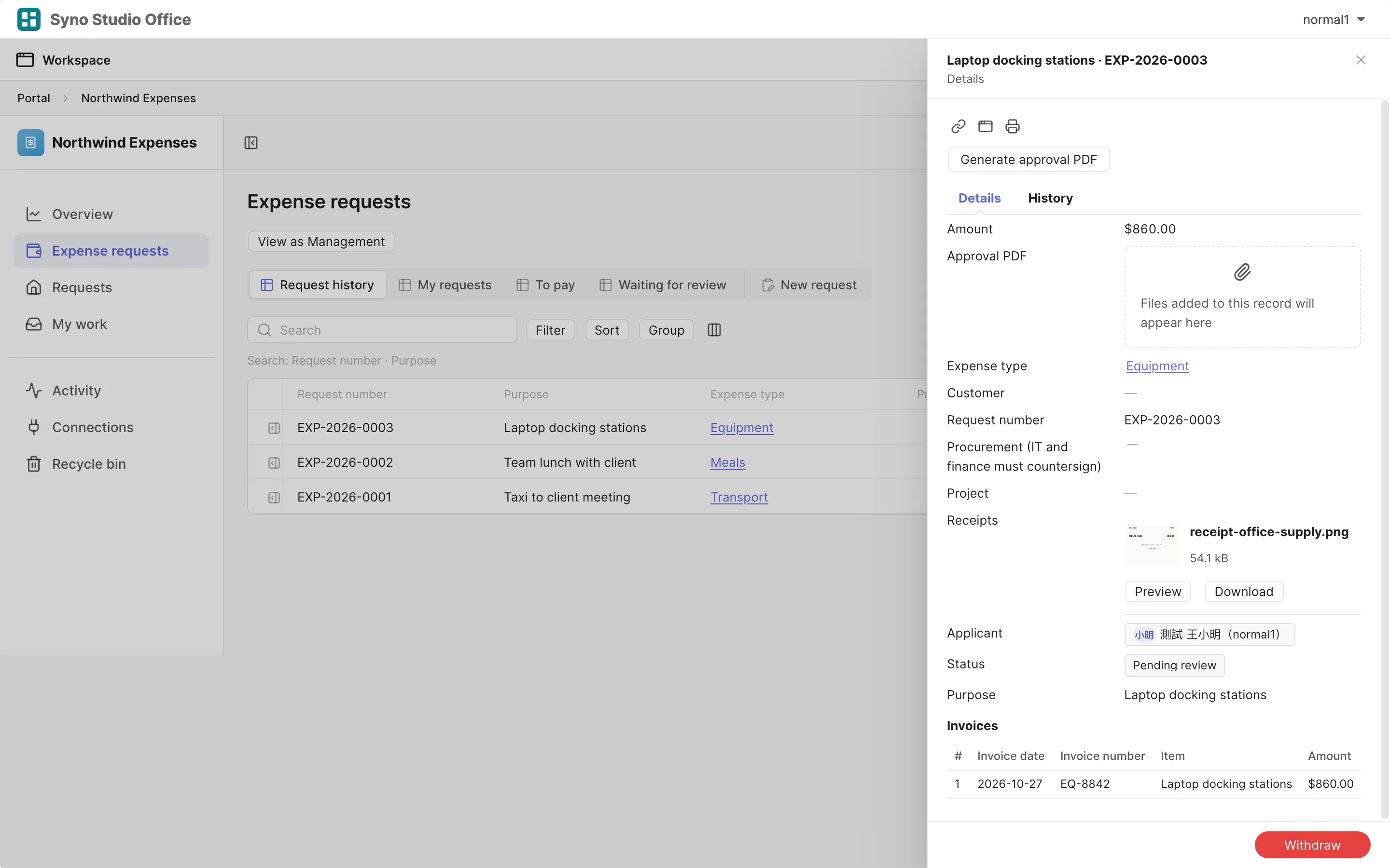 Receipt attached to an expense request with a thumbnail, Preview and Download