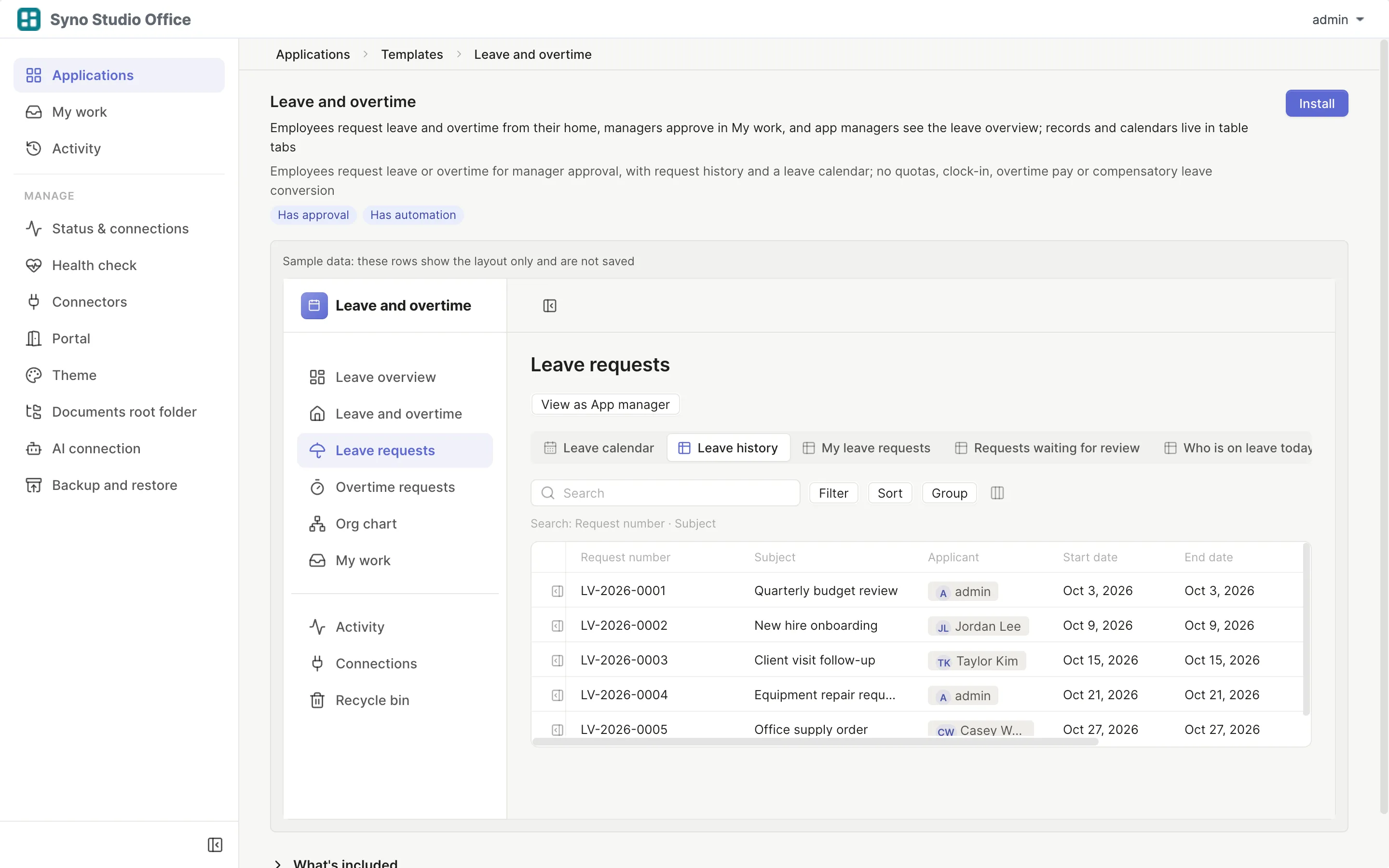 Read-only template preview with sample rows