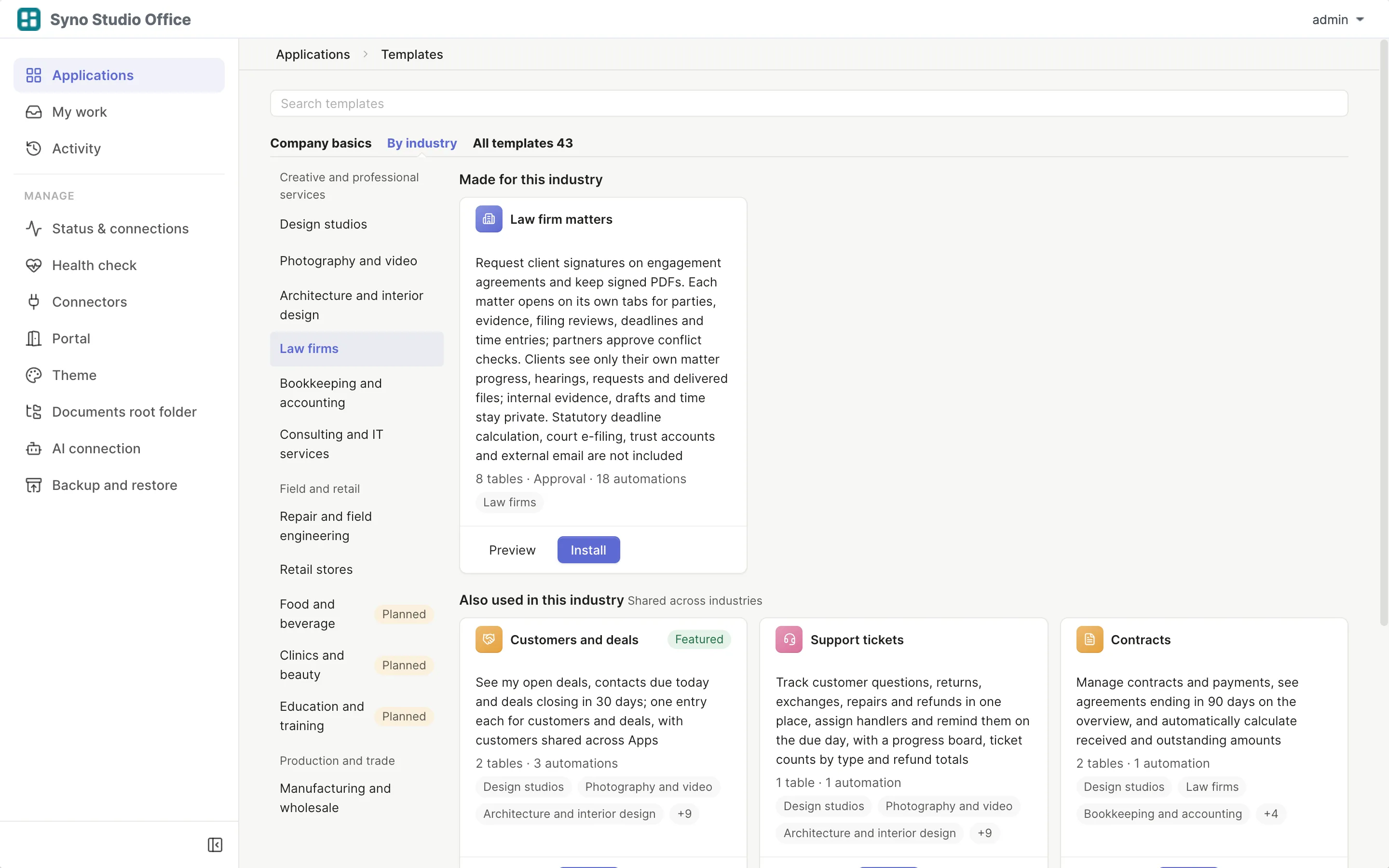 Template center filtered to legal templates