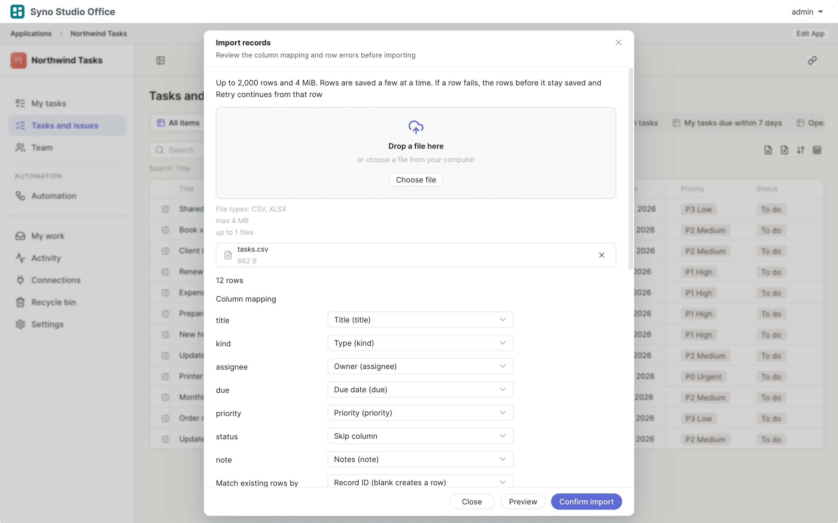 CSV import of tasks with the column mapping preview