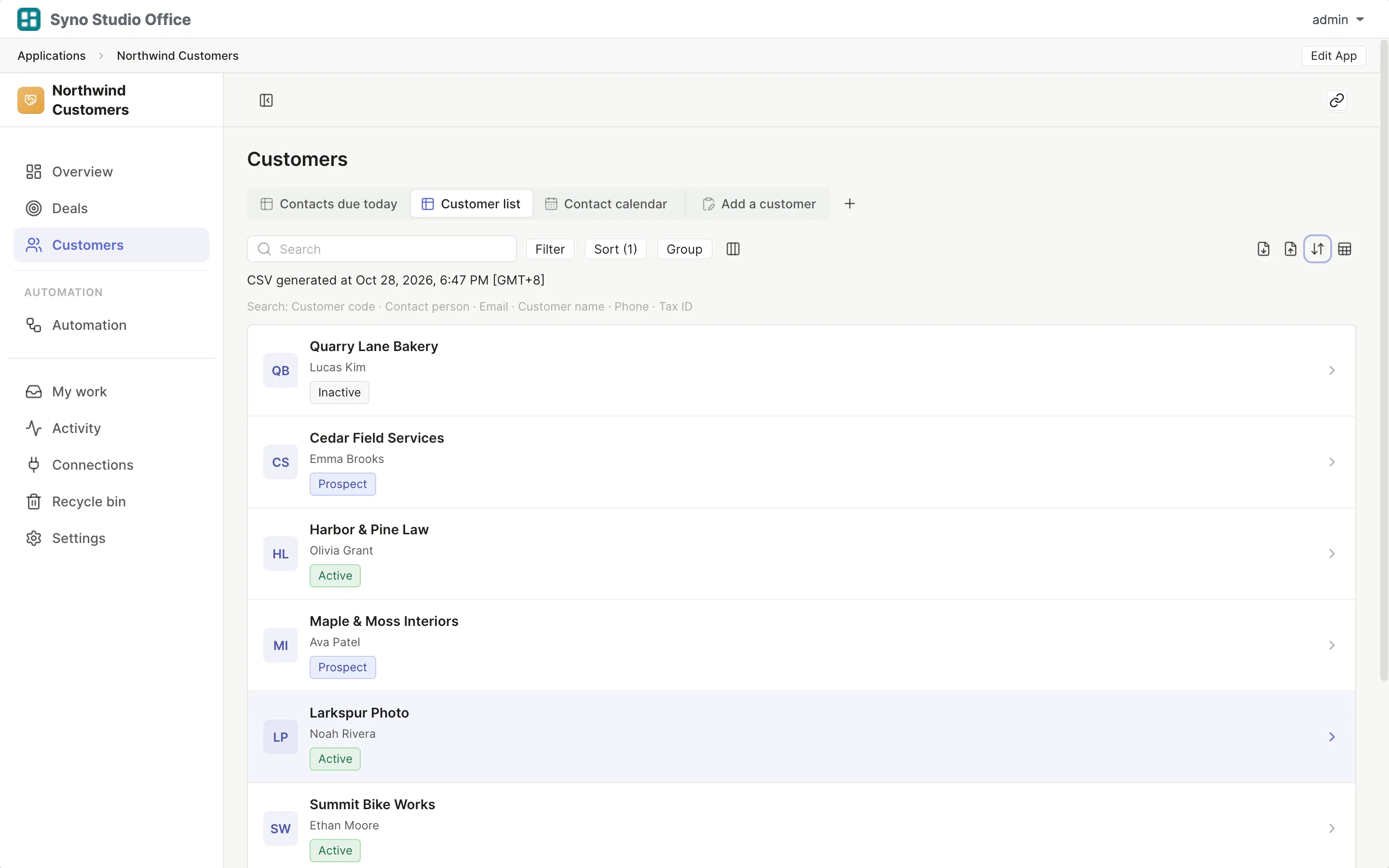 Customer list with its CSV export finished