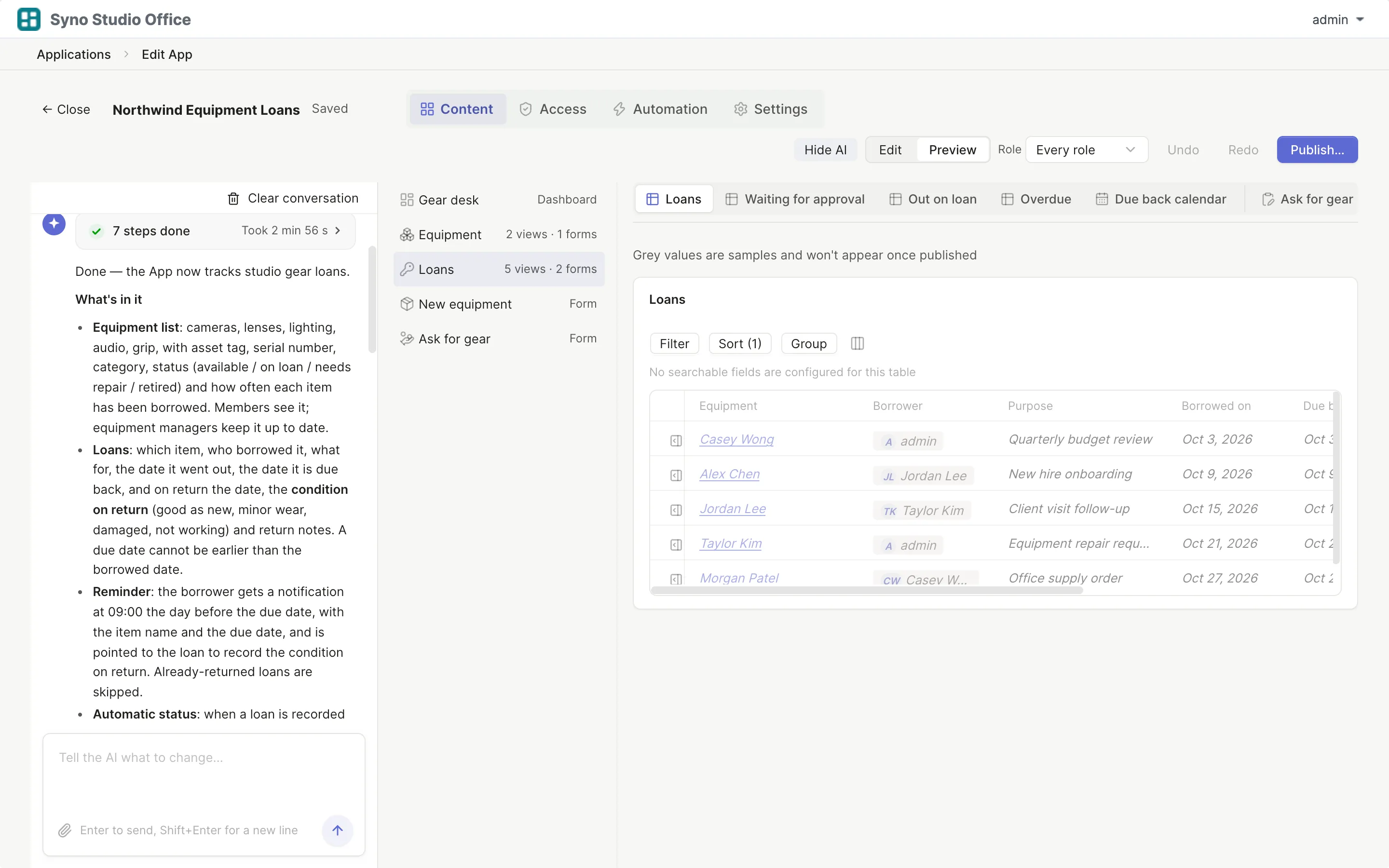 AI build finished with every step done and a summary of the app
