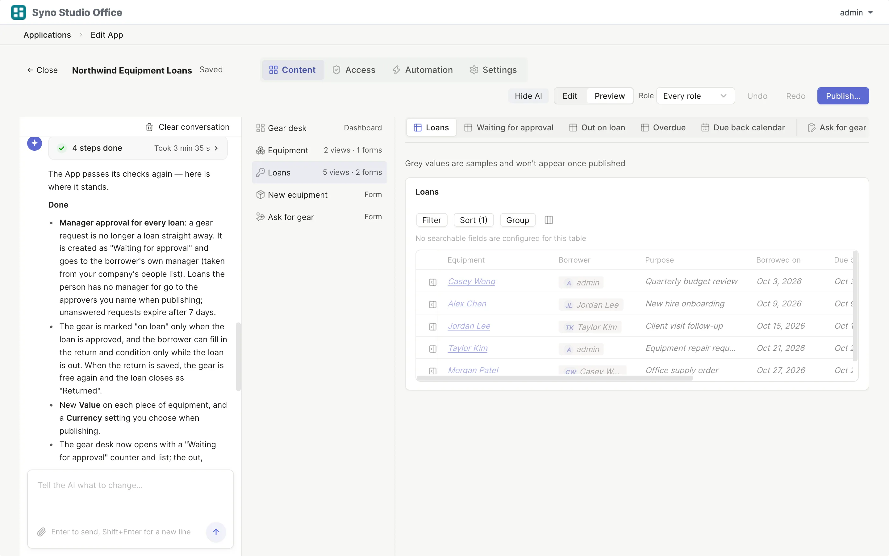 Editor AI panel listing what it changed after adding a manager approval