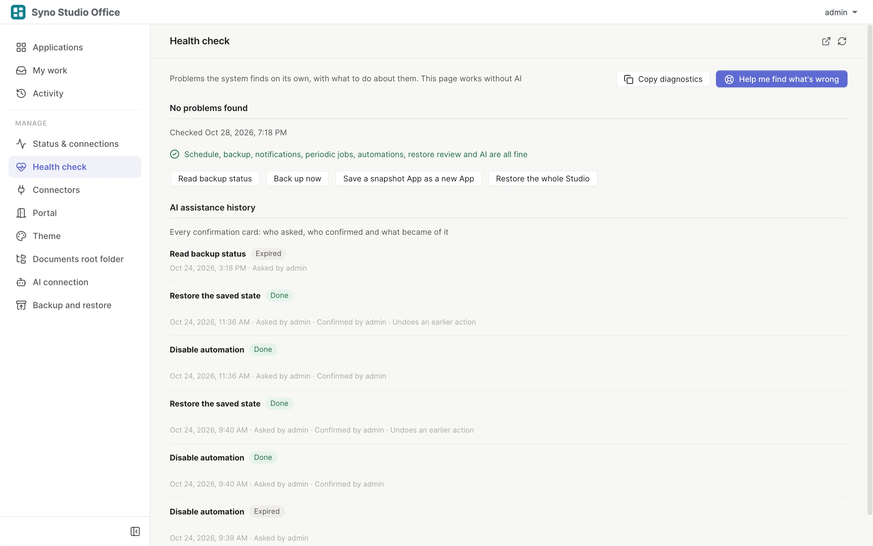 Health check with no problems found and a button to ask AI what is wrong