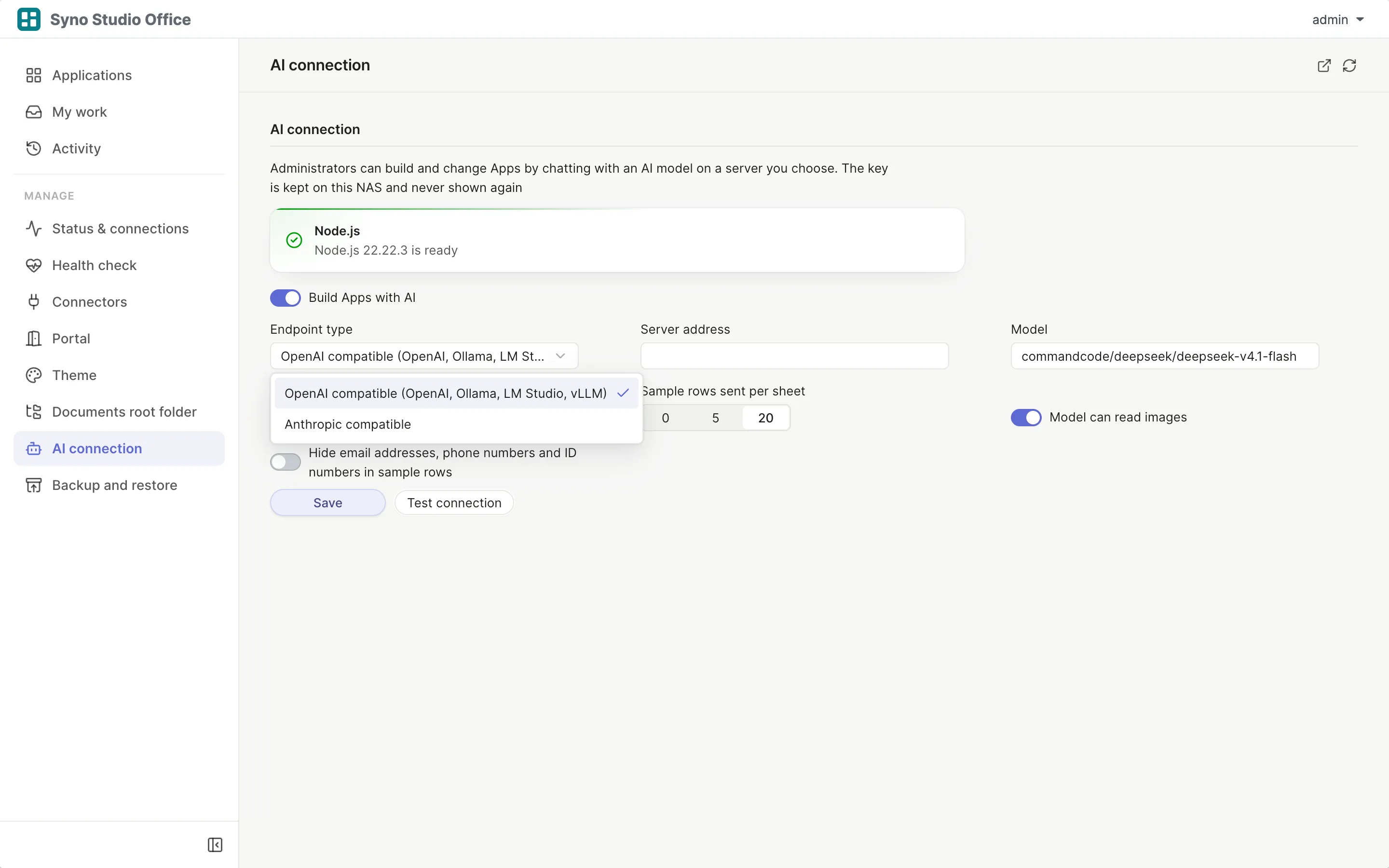AI connection settings with OpenAI compatible and Anthropic compatible endpoints