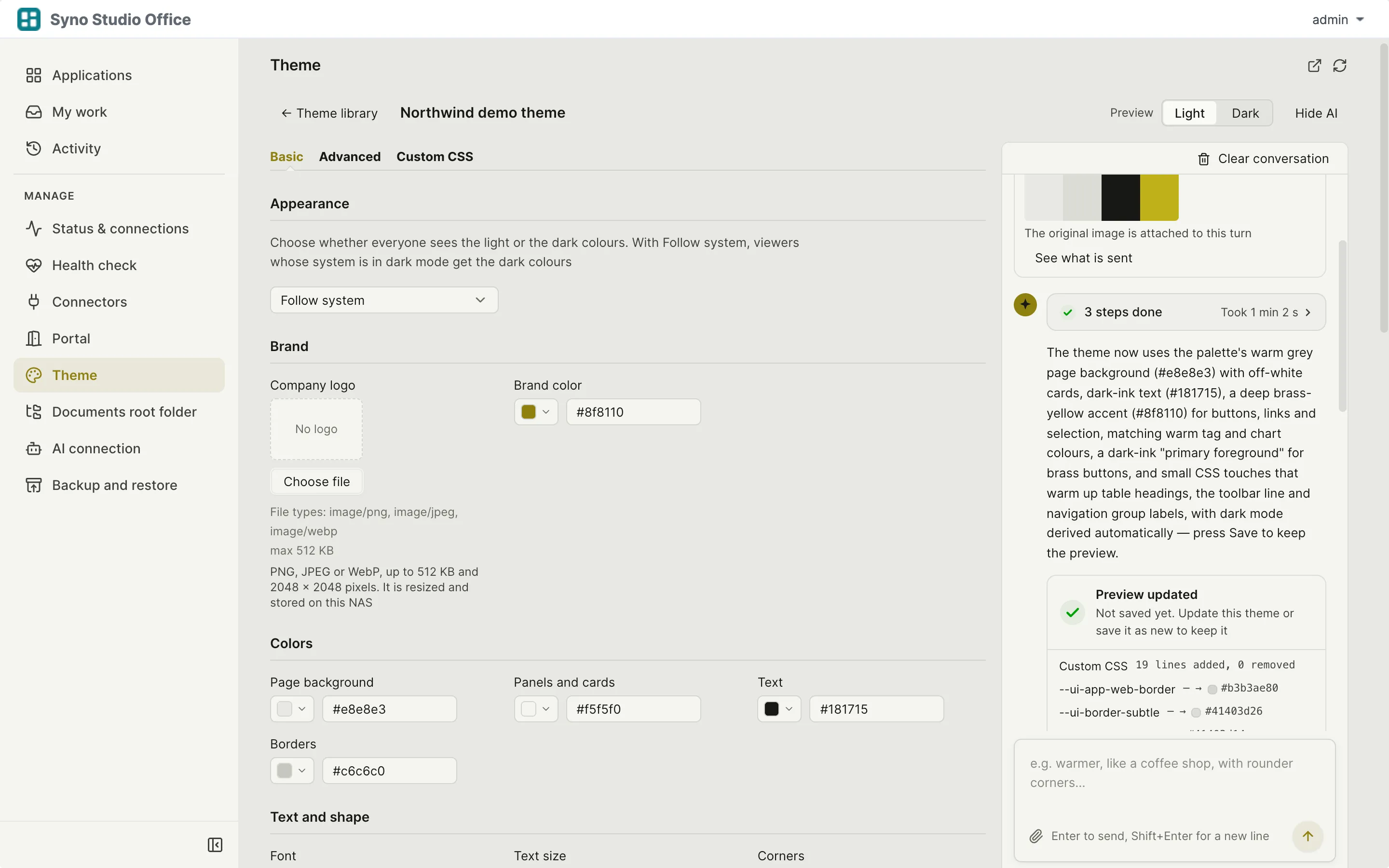 AI theme assistant recolouring a theme draft