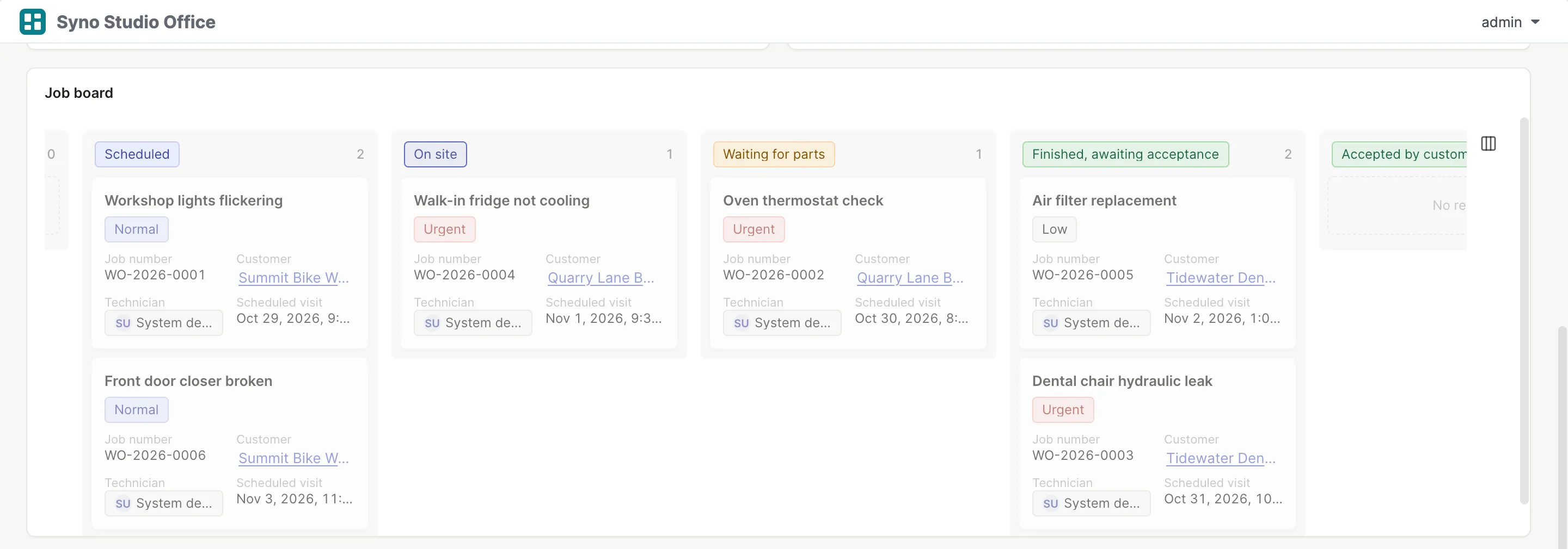 Field service job board with jobs by status, from scheduled to finished
