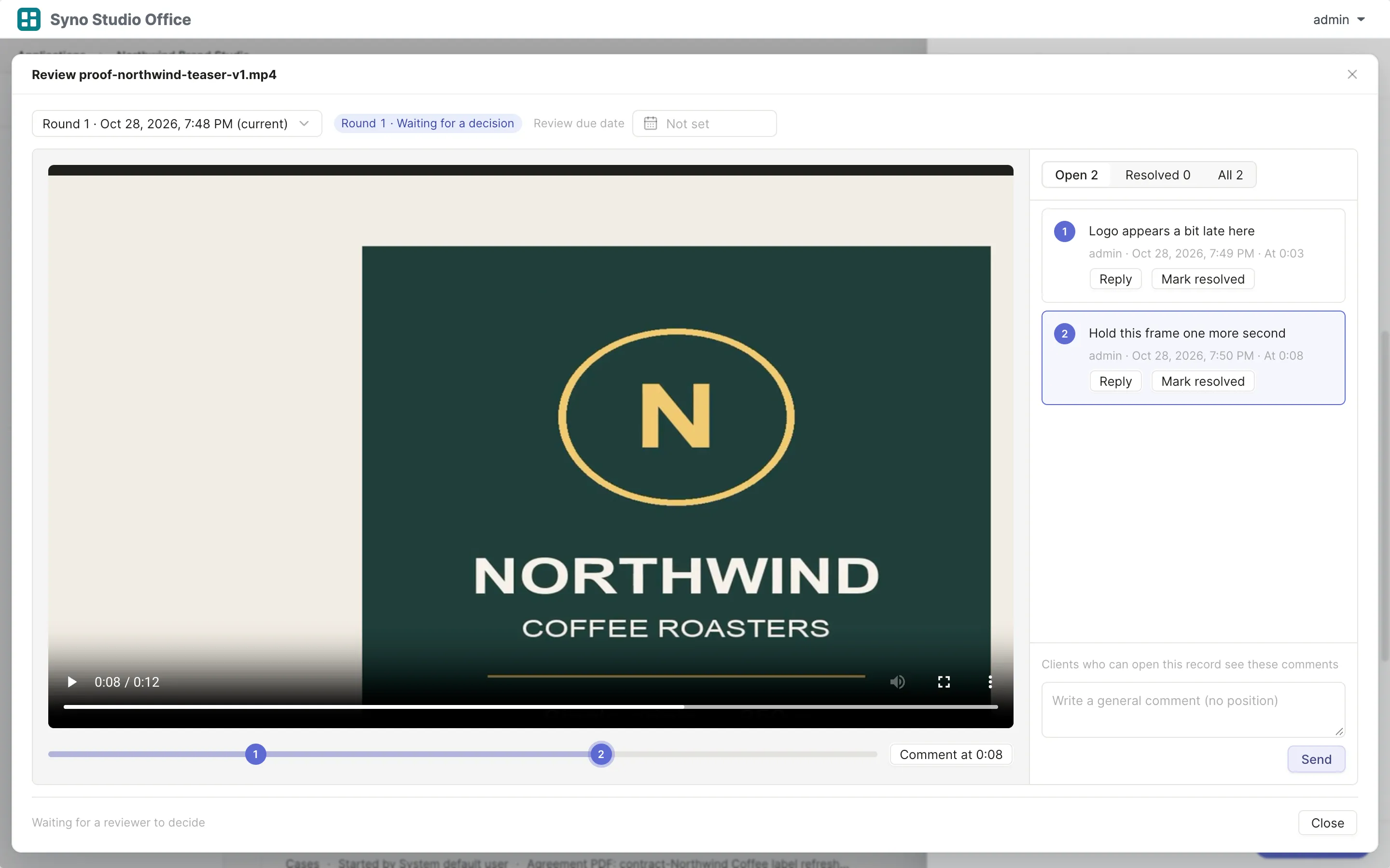 Video proof with two numbered timecode comments on the timeline, round 1 waiting for a decision
